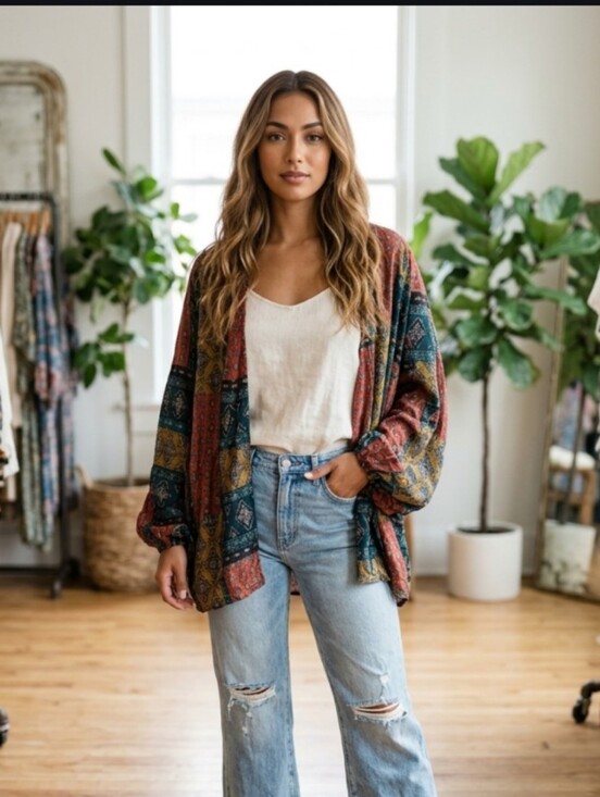 Hayden Tops - Hayden Boho Patchwork Open Front Komodo- Red, Teal, Mustard NWT Size M